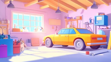 Bright Orange Car in Colorful Garage with Tools and Equipment