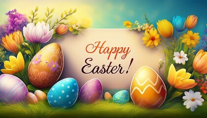 Bright Happy Easter greeting card with easter eggs and flowers