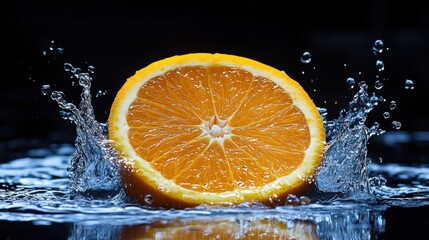 Juicy orange slice splashing into water, creating dynamic water droplets.