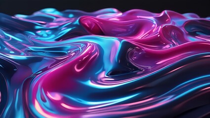Abstract iridescent liquid flowing in a dark background. 3D render of a colorful, wavy fluid with a glossy finish. Perfect for futuristic and sci-fi designs.