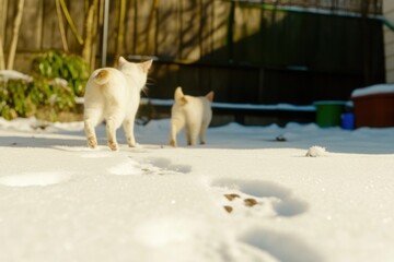 Fototapeta premium Back view of a white cat and a small white dog playing in the snow, in a backyard setting, with a focus on their footprints, cinematic style.