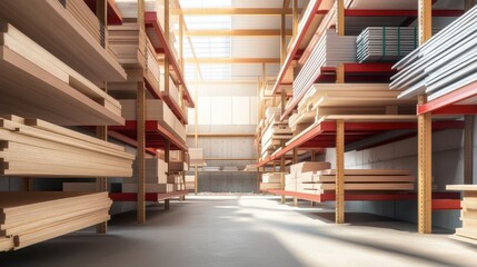 Obraz premium Bright and Spacious Woodworking Warehouse with Stocked Shelves