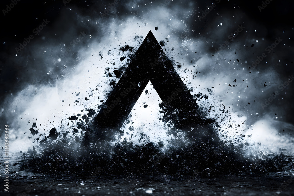 Aufkleber A dark, abstract design featuring a prominent triangular shape emerging from a cloud of particles and smoke, creating an intense visual impact