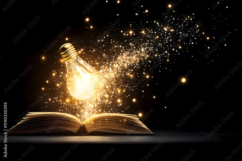 Aufkleber a magical light bulb illuminates an open book, emitting sparkling particles, symbolizing creativity 