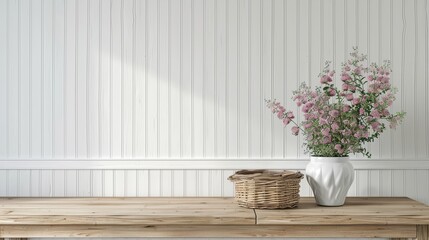 White Wood Paneling Wall with Pink Flowers in Vase and Woven Basket on Wood Table