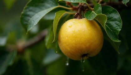 Yellow Apple on Branch with Rain Drops