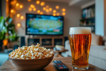 Watching Cricket Match at Home – Beer, Popcorn, and Remote on Table in a Modern Living Room with TV Setup