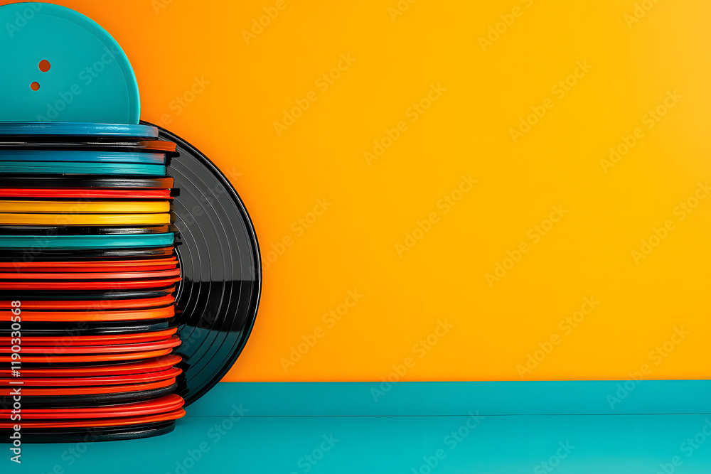 Poster a stack of colorful plates against a bright orange wall, with a turquoise surface, creating a vibran