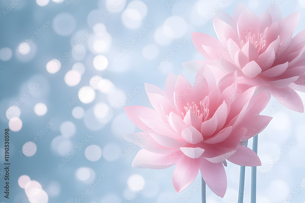 Poster Two delicate pink lotus flowers bloom against a soft blue background with shimmering bokeh, creating a serene and tranquil atmosphere