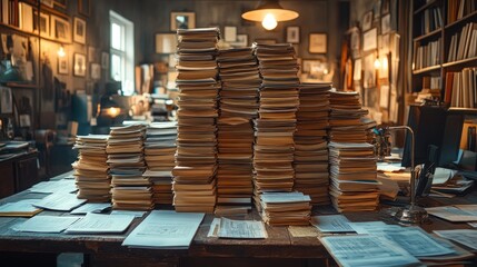 Large stacks of old books and papers on a wooden desk in a vintage study.
