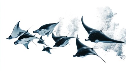 Fototapeta premium A school of manta rays gracefully swimming in the ocean, depicted in a monochromatic blue tone against a white background.
