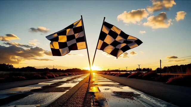 Two large checkered flags, icons of motor sport on empty racetrack during sunrise. Concept of motorsport, tournament