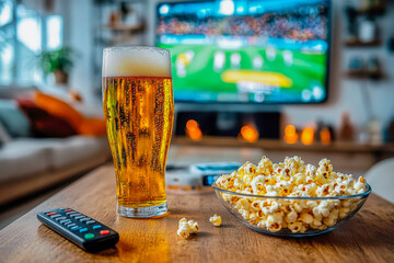 Watching Cricket Match at Home – Beer, Popcorn, and Remote on Table in a Modern Living Room with TV Setup