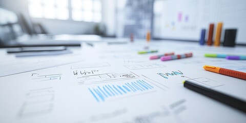 Office workspace, website design sketches, charts, markers.  Project planning, brainstorming