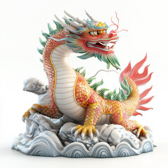 Fototapeta premium Dragon sculpture with golden scales, perched on dynamic waves isolated on white transparent background