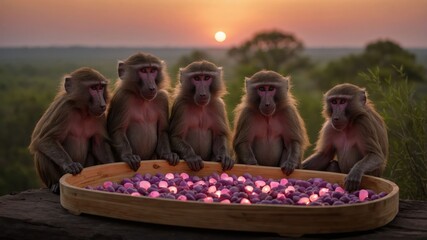 A group of baboons gathered around a tray filled with colorful stones at sunset.