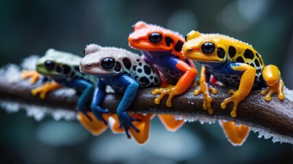 A vibrant display of colorful frogs perched on a branch in a lush environment.