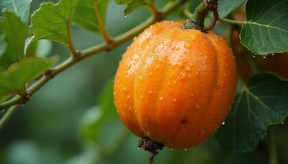 Ripe Orange Fruit on Branch with Water Droplets