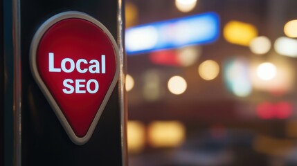 Red navigation pin with Local SEO text against blurred urban night street, SEO for local business concept