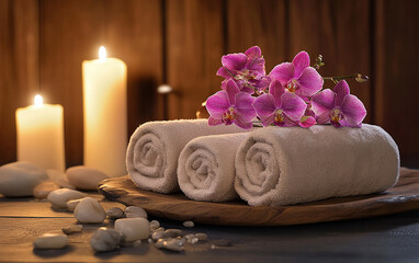 Enhance your space with spa decor featuring essentials such as calming candles soft towels and elegant orchid flowers offering wellness and relaxation in a beautifully tranquil and peaceful environmen