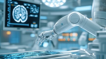 Robotic Spinal Surgery. Robotic arm interacting with a digital interface in a futuristic medical environment.