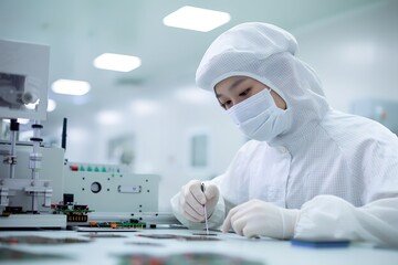 Worker assembling circuit boards in clean room with precision tools during daylight hours