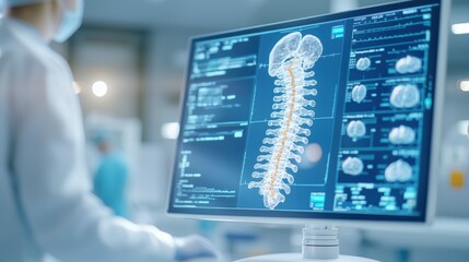 Robotic Spinal Surgery. Medical professional analyzing spinal images on a monitor in a clinical setting.