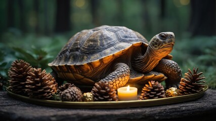 Naklejka premium A turtle surrounded by pinecones and a candle in a serene forest setting.