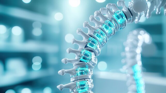 Robotic Spinal Surgery. 3D model of a spine with glowing elements in a clinical setting. - Powered by Adobe