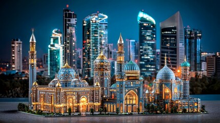Fototapeta premium Illuminated Mosque Model at Night Cityscape Background Architectural Detail