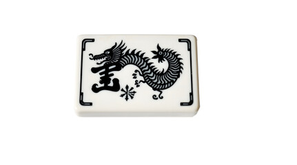 Mahjong Tile with a Black Dragon Design on White Background