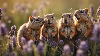 Fototapeta premium Four squirrels gathered among lavender flowers, appearing to communicate joyfully.