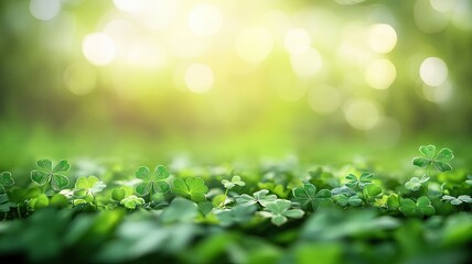 Obraz premium Clover Field in Sunlit Morning Glow, A peaceful meadow of lush green clovers basking in soft sunlight, with a bright, blurred bokeh background evoking calm and serenity.