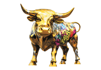 Golden bull with graffiti on its body.