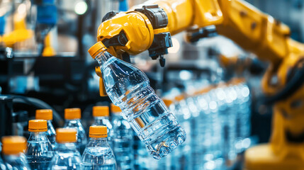 Food robotics. Automated robotic arm handling water bottles in a production line.