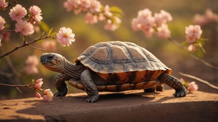 Fototapeta premium A tortoise rests on a log surrounded by blooming cherry blossoms in soft sunlight.