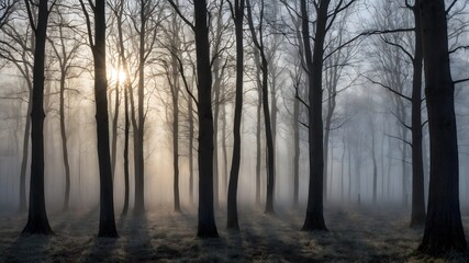 Fototapeta premium Silent Fog: Black Poplars Emerging from the Mist at Daybreak