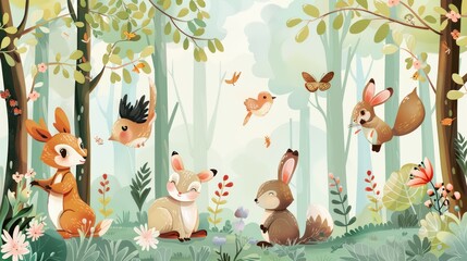 Watercolor Forest Animals Illustration with Deer, Fox, Rabbit, Bird, and Butterfly