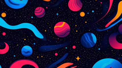 Cartoon futuristic planets and stars seamless pattern. Extraterrestrial live and cyber planets background, fantastic galaxy worlds and satellites vector wallpaper with holes, rings and dimples