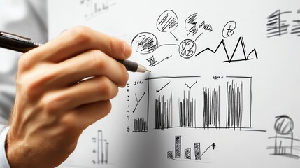 Businessperson Drawing Charts and Diagrams on Whiteboard, Strategy Planning