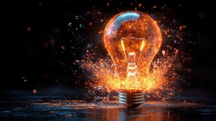 Fiery incandescent lightbulb exploding with sparks.