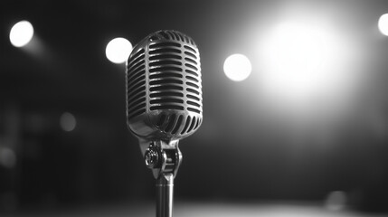 Vintage Microphone Under Spotlight on Stage for Jazz Performance