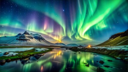 Northern lights, aurora on the sky with mountain and lake.