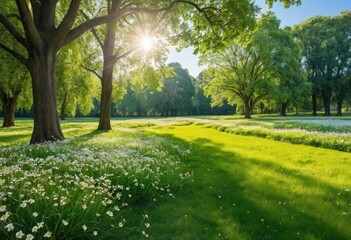 Obraz premium Lush green park grass with wildflowers in springtime