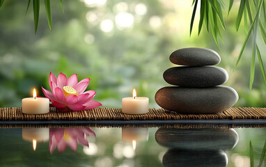 Transform your space into a tranquil retreat with glowing spa essentials like zen stones lotus flower calming candles and natural decor creating an environment ideal for relaxation therapy and wellnes