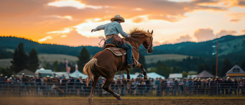 Cowboy Riding Horse at Sunset During Rodeo Event in Outdoor Arena