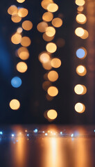 Dark blue background with glowing lights and bokeh, creating an atmosphere of mystery and magic. Abstract bokeh lights in warm and cool tones, creating a festive atmosphere.