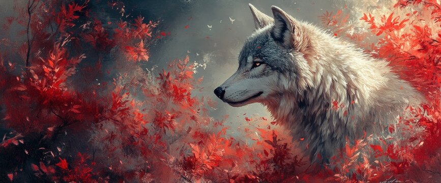 Majestic gray wolf amidst vibrant red autumn leaves.