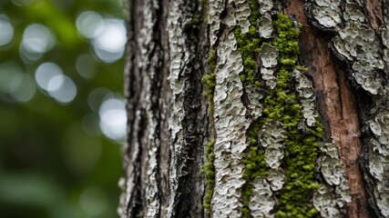 Fototapeta premium Whispers of the Forest: Lichen-Covered Wild Service Tree Bark