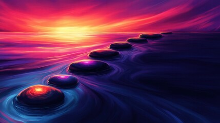 Radiant spirit energy depicted as a glowing aura surrounding chakra stones, digital illustration, dynamic angle highlighting the light play, swirling colors with deep blues and purples